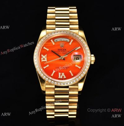 Swiss Rolex Day-Date 36 CS 2836 Watch with Carnelian Diamond Set Dial 2023 New Release